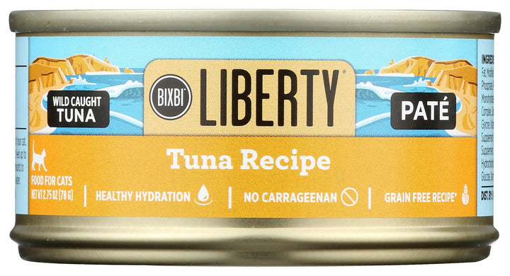 BIXBI Liberty tuna pate can front shows grain-free protein-rich wet cat food.