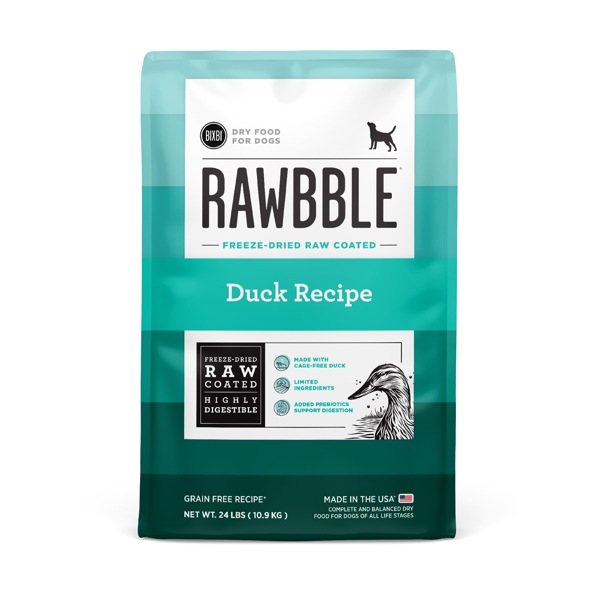 BIXBI Rawbble duck dry food bag showing fresh ingredients for digestible meals