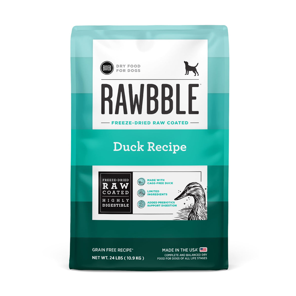 BIXBI Rawbble duck dry food bag showing fresh ingredients for digestible meals