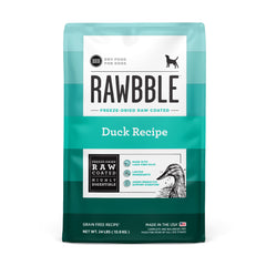 BIXBI Rawbble duck dry food bag showing fresh ingredients for digestible meals