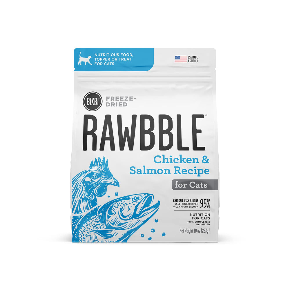 BIXBI Rawbble freeze-dried cat food packshot with salmon and chicken for protein-rich meals