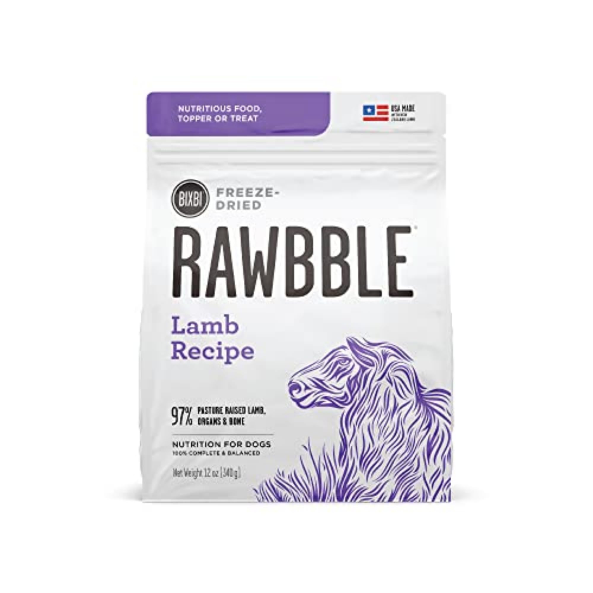 BIXBI Rawbble freeze-dried lamb pieces in bowl for a protein-rich meal option