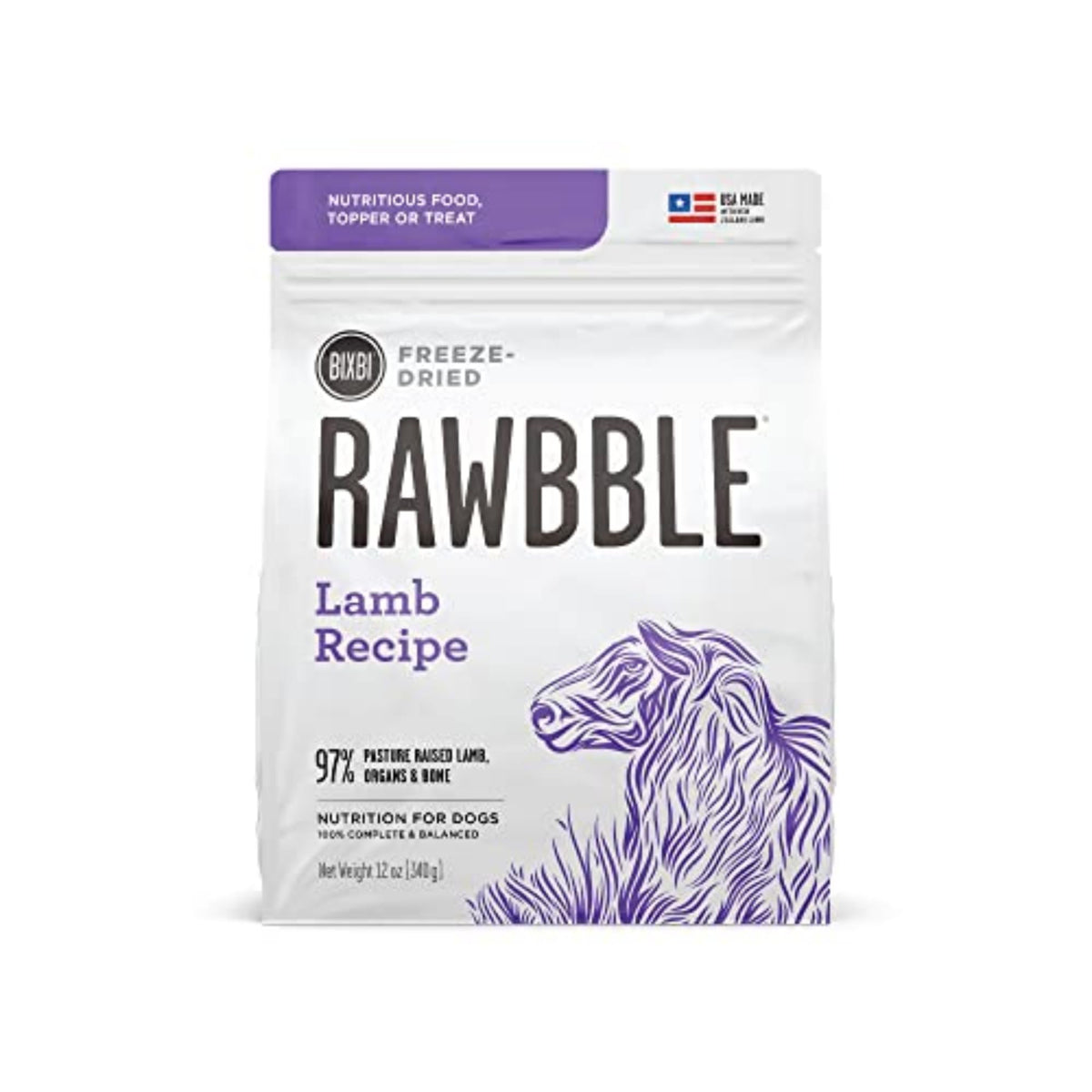 BIXBI Rawbble freeze-dried lamb pieces in bowl for a protein-rich meal option