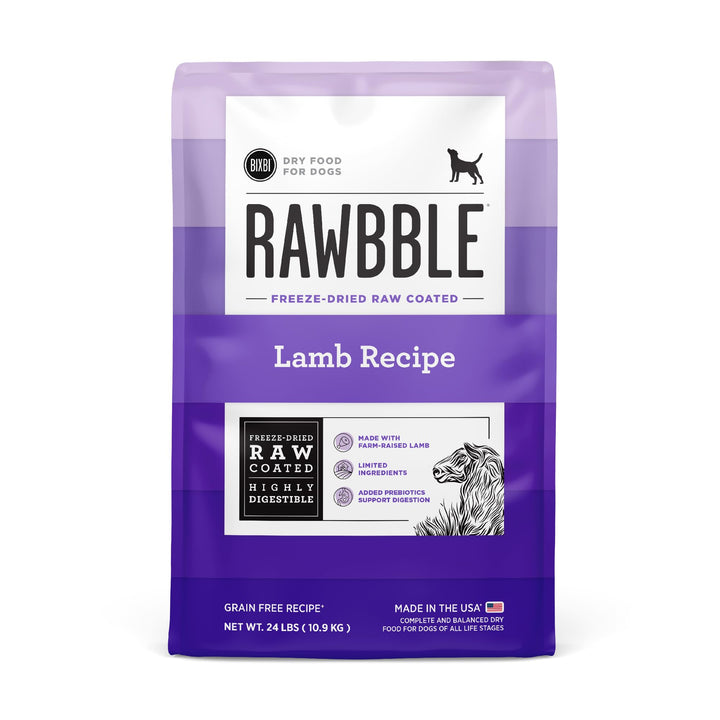 BIXBI Rawbble lamb bites close-up highlighting high-protein dog food.