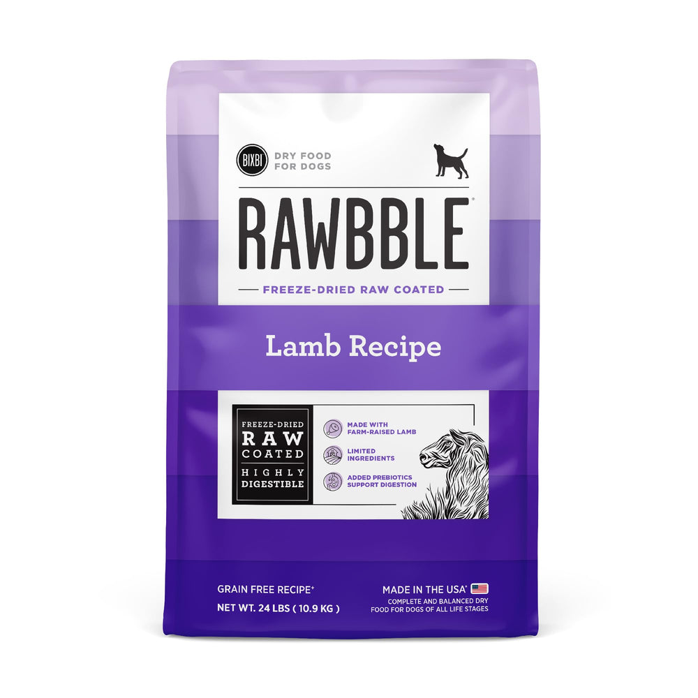 BIXBI Rawbble lamb bites close-up highlighting high-protein dog food.
