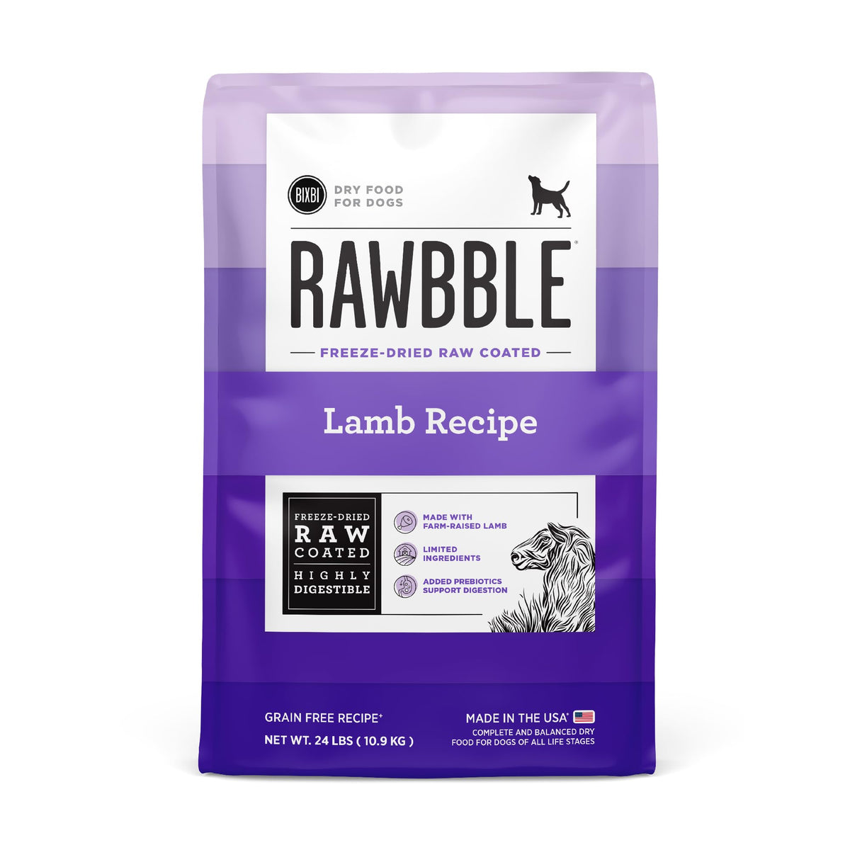 BIXBI Rawbble lamb bites close-up highlighting high-protein dog food.