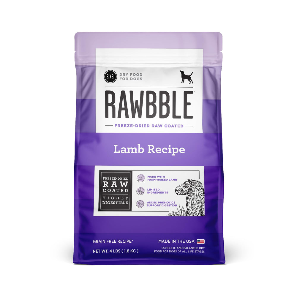 BIXBI Rawbble lamb-coated bites showing freeze-dried nutrition and flavor.