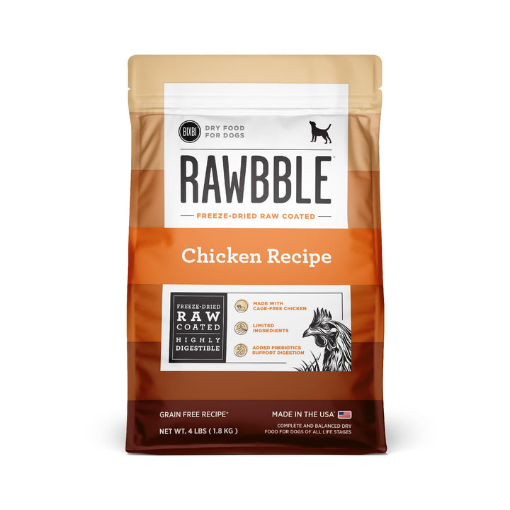 BIXBI Rawbble chicken-kibble with freeze-dried coating preserves nutrients and flavor.