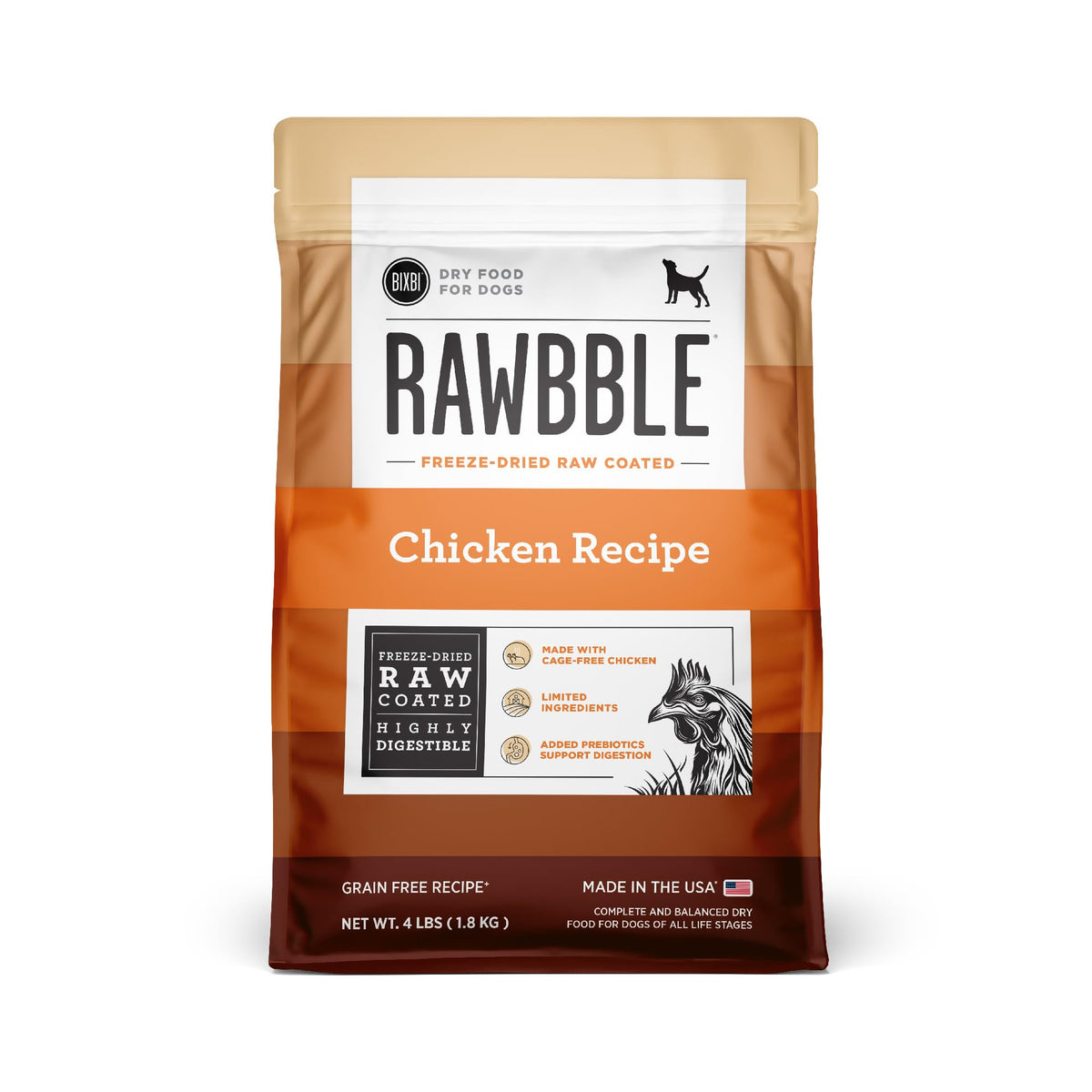 BIXBI Rawbble chicken-kibble with freeze-dried coating preserves nutrients and flavor.