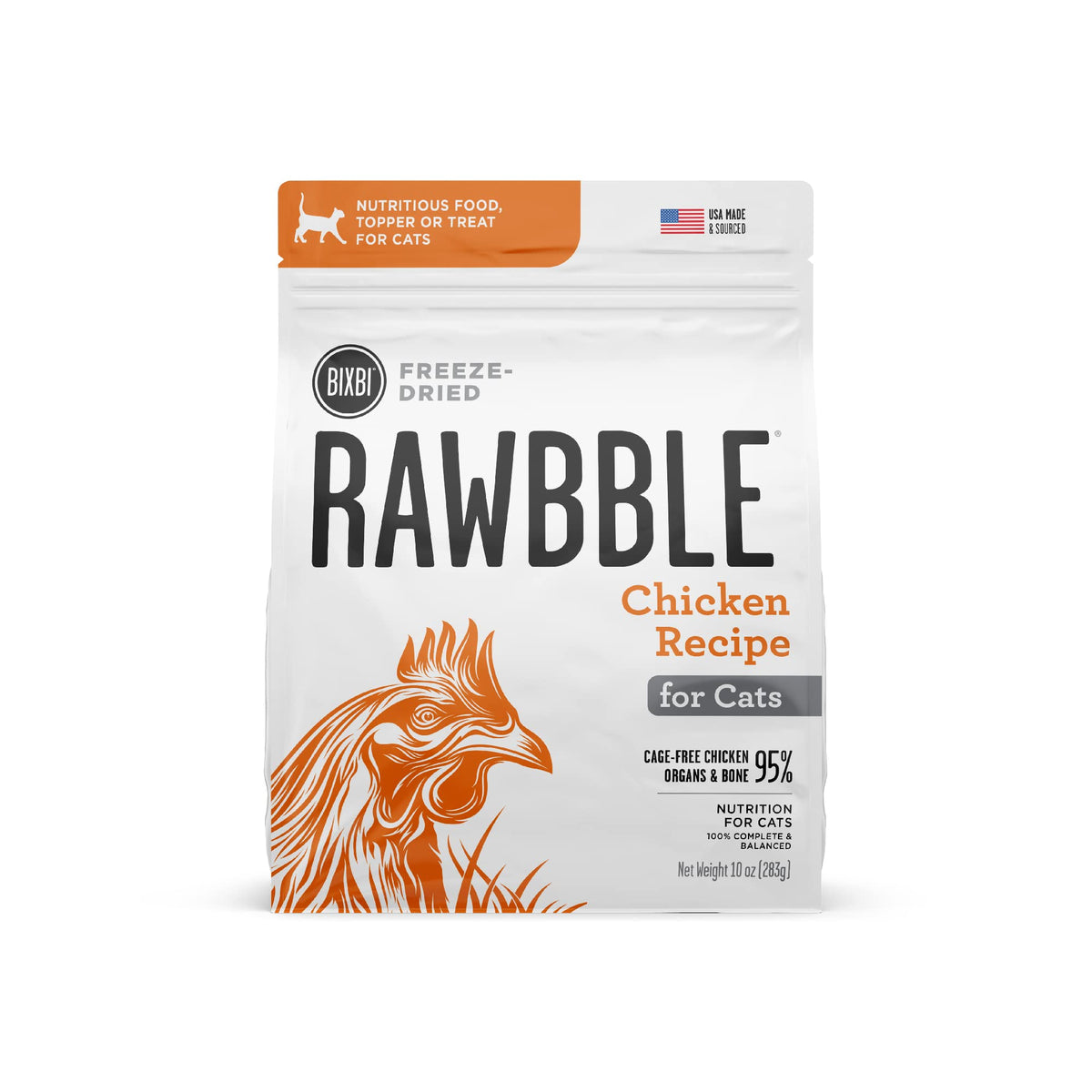 BIXBI RAWBBLE packaging shows convenient, pantry-friendly freeze-dried cat food.