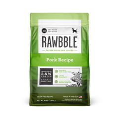 BIXBI Rawbble pork-first bite shows fresh pork protein for lean muscle support