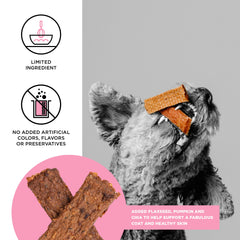 BIXBI Skin & Coat Salmon Jerky ingredient glance shows wild salmon and wholesome whole foods.