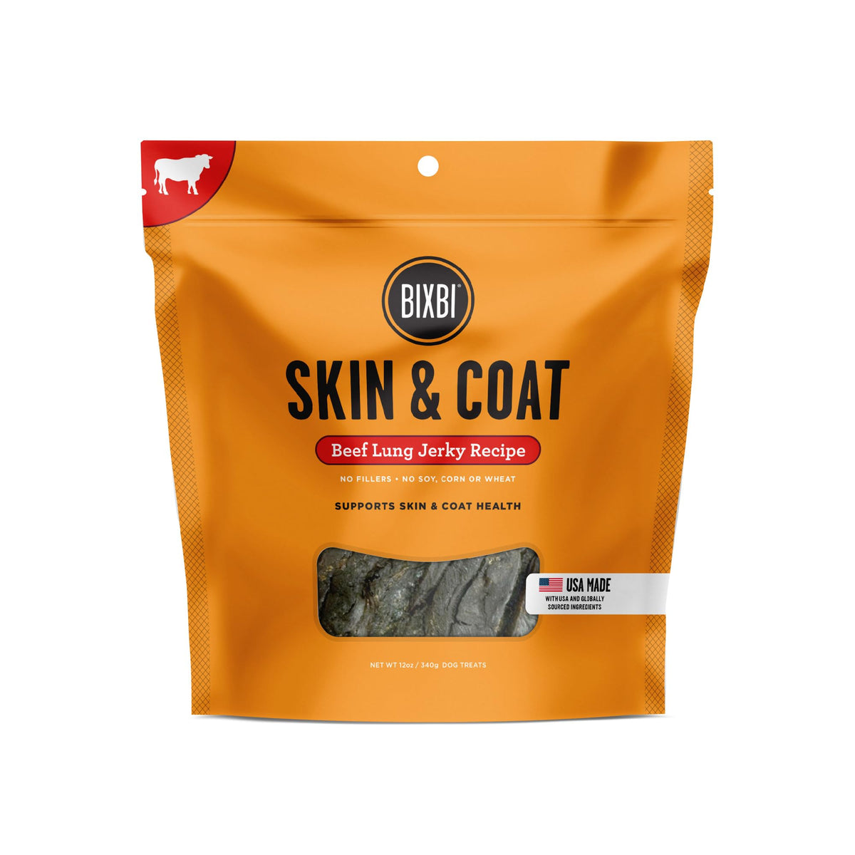 BIXBI Skin & Coat beef liver jerky packaging promotes coat health.