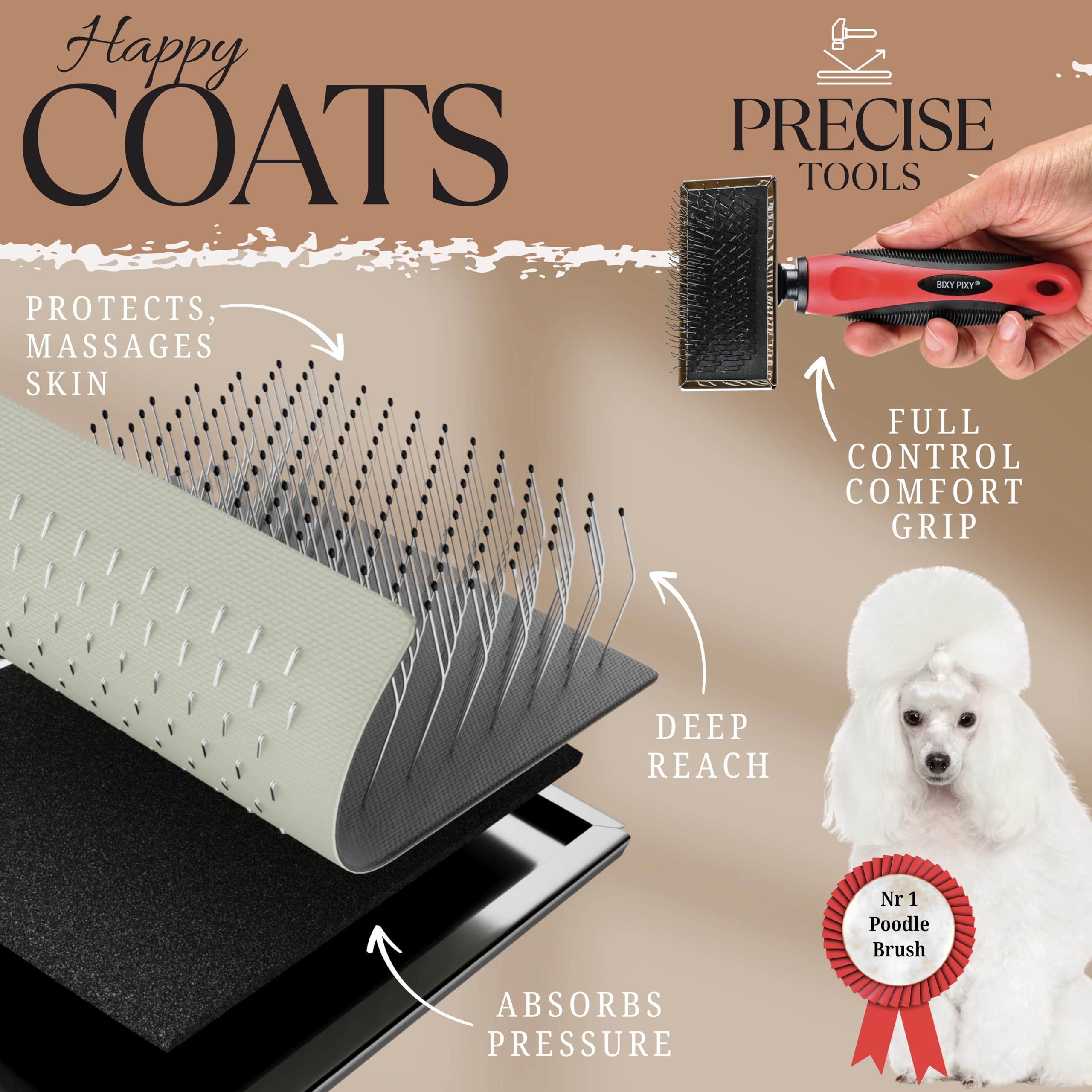 Bixy Pixy Mini Brush features an ergonomic, non-slip handle for comfortable grooming sessions.