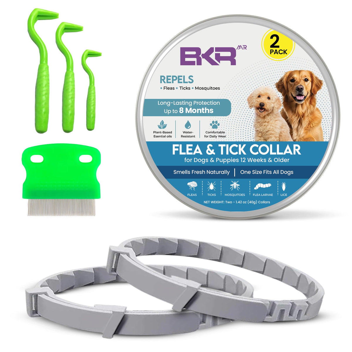 BKRMART dog flea collar two-pack provides long-lasting protection against fleas and ticks.