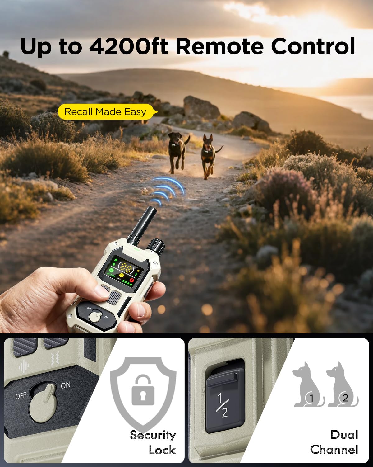 Blackdog 4200ft range with dual-channel control for two dogs.