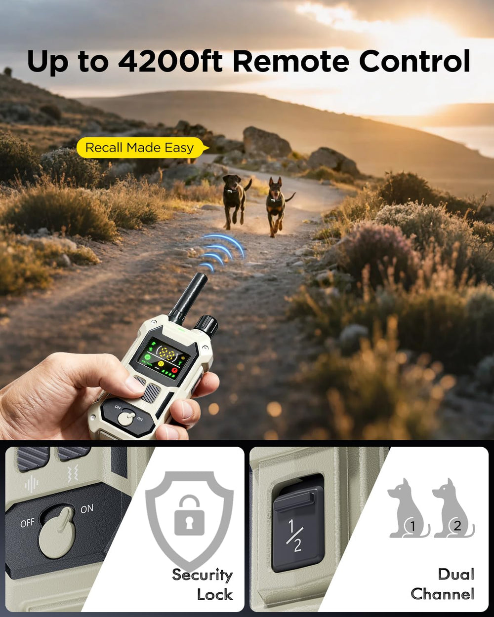 Blackdog 4200ft range with dual-channel control for two dogs.