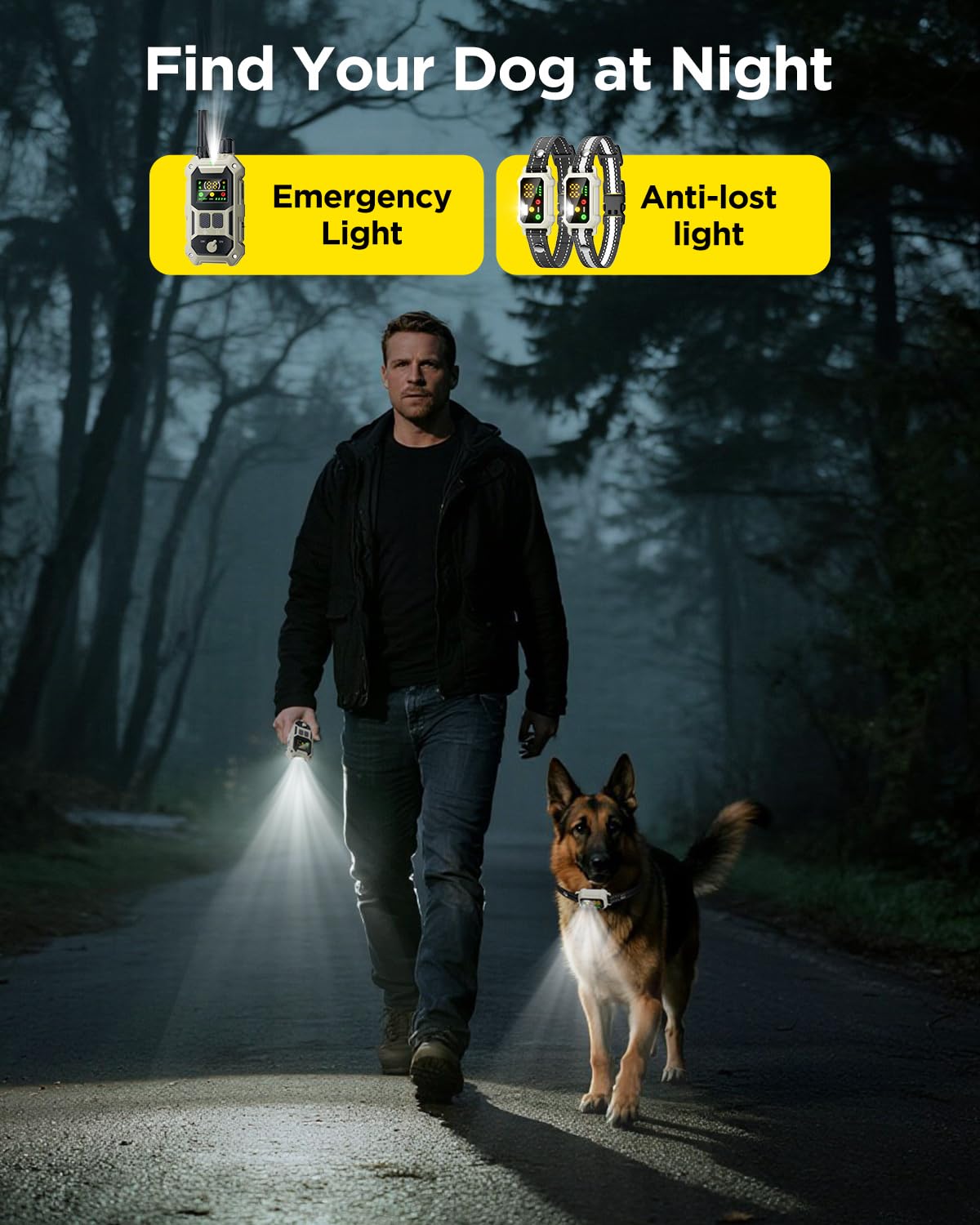 Blackdog collar strobe light enhances dog visibility at night.