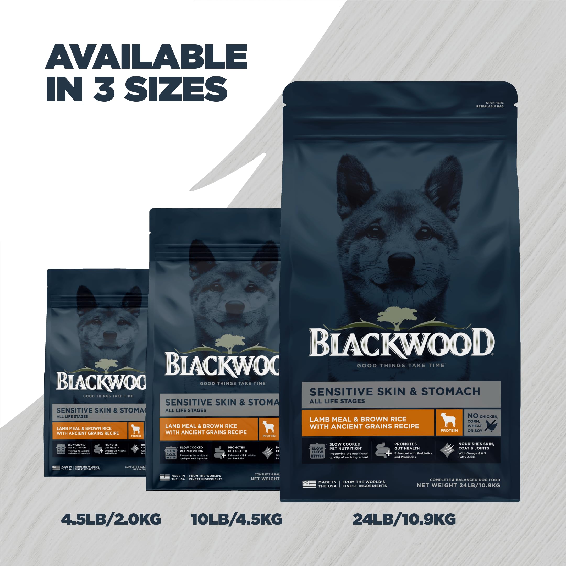 All breeds and life stages represented in Blackwood dog food packaging.