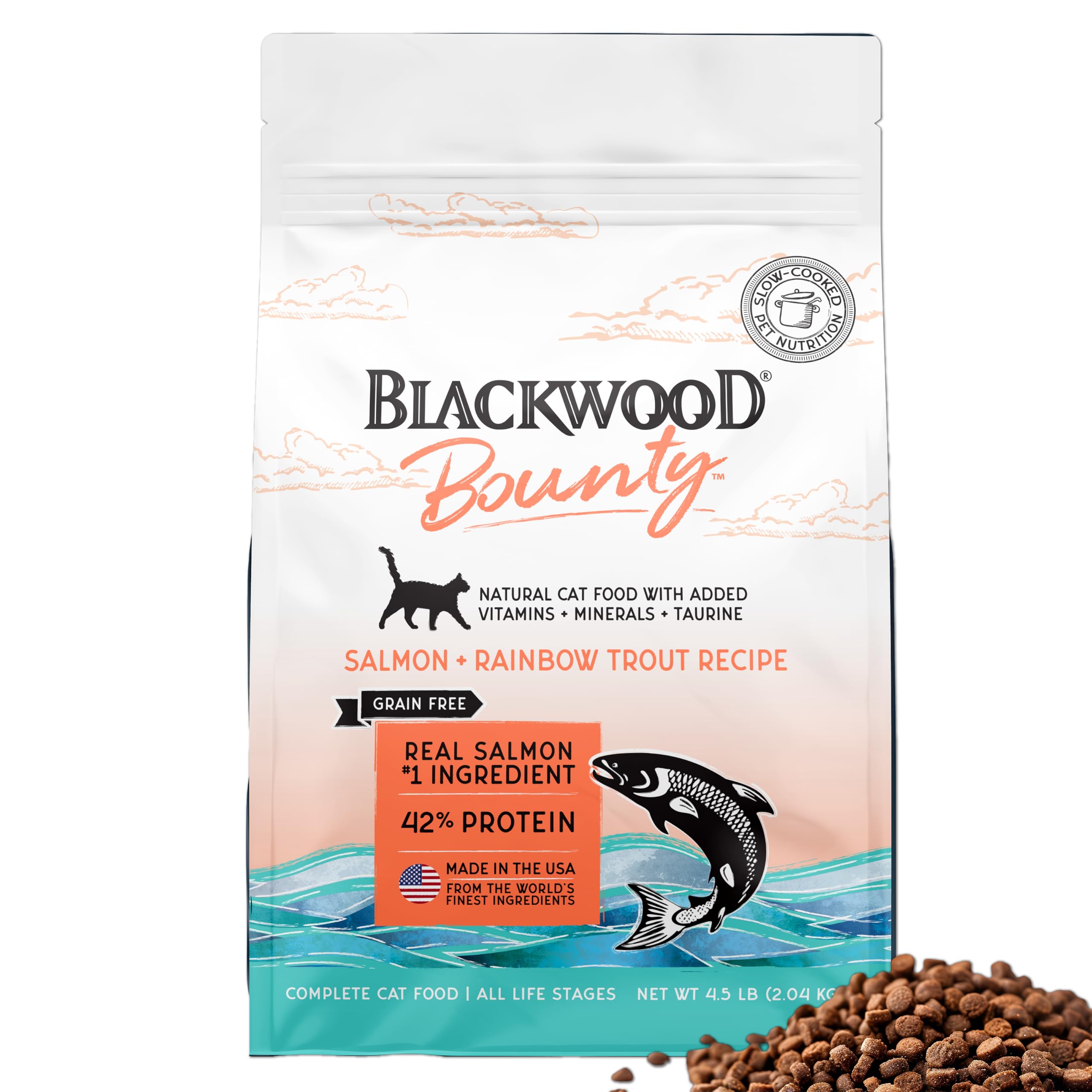 Blackwood Bounty dry cat food salmon rainbow trout bag visible, premium all life stages nutrition.
