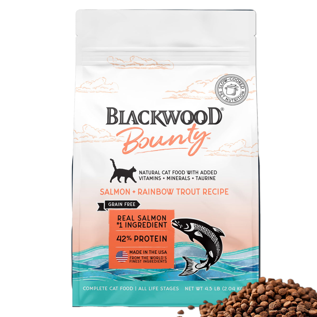 Blackwood Bounty dry cat food salmon rainbow trout bag visible, premium all life stages nutrition.