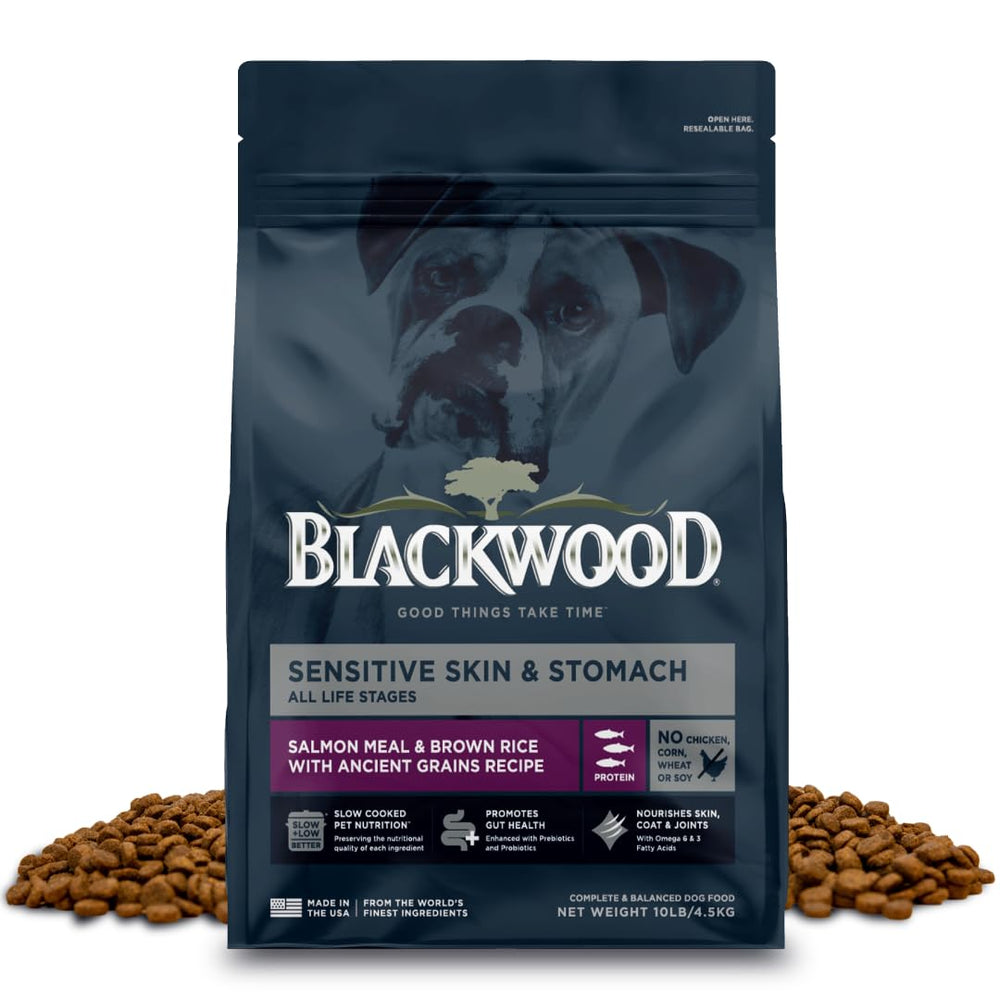 Blackwood salmon-meal brown-rice-ancient-grains close-up highlighting digestibility and flavor