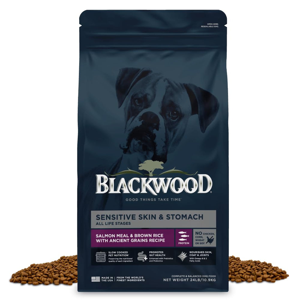 Blackwood Sensitive Skin & Stomach dry dog food bag front, resealable for easy storage.