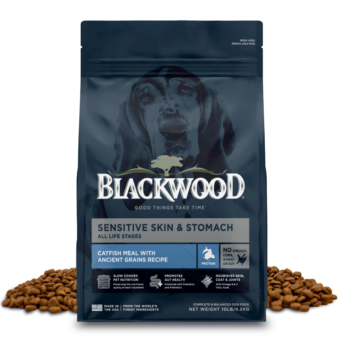 Blackwood Sensitive Skin & Stomach dry dog food bag front highlighting gentle digestion benefits