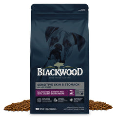 Blackwood Sensitive Skin & Stomach dry dog food bag front, resealable for easy storage.