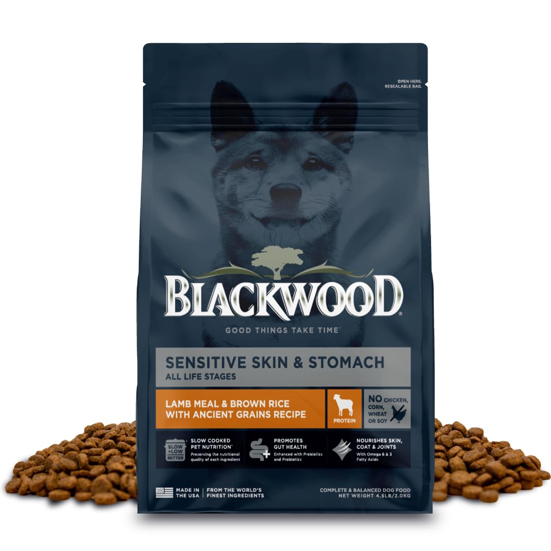 Blackwood Sensitive Skin & Stomach dog food bag showing lamb meal and ancient grains for gentle digestion.