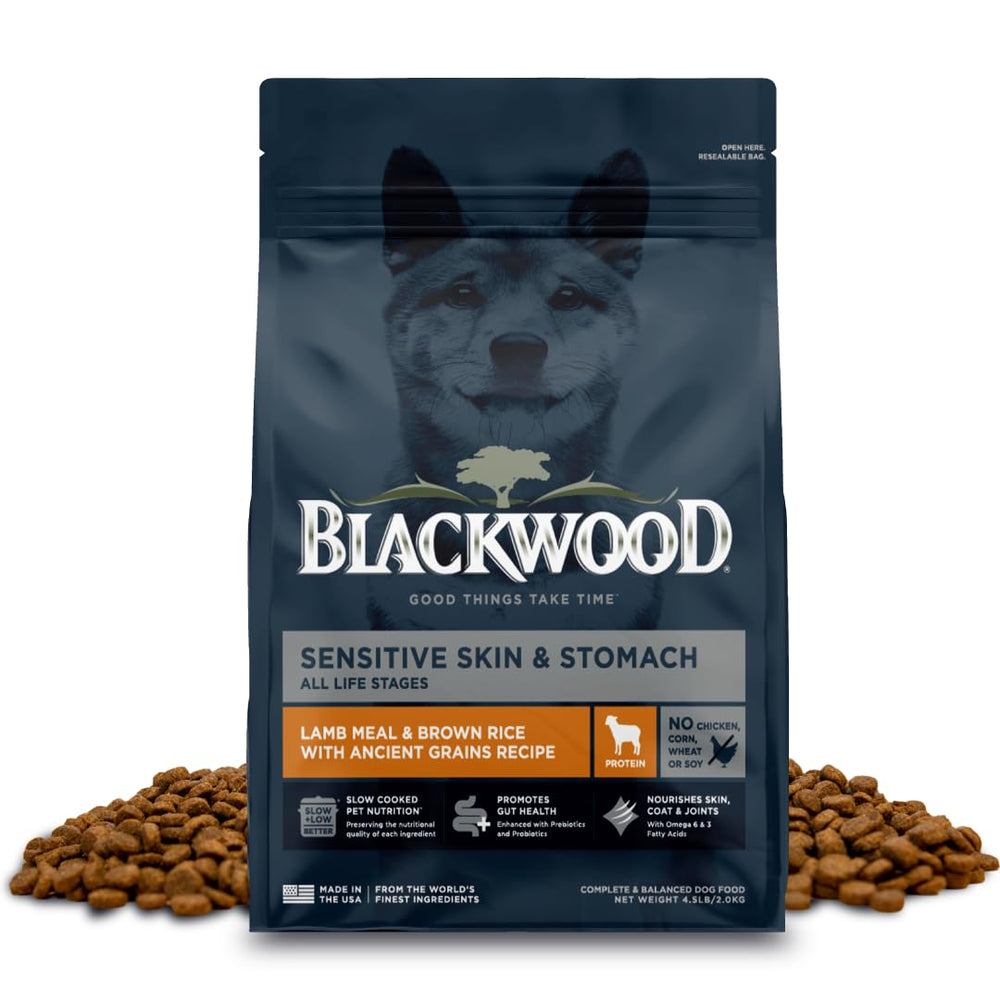 Blackwood Sensitive Skin & Stomach dog food bag showing lamb meal and ancient grains for gentle digestion.