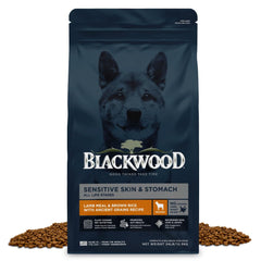 Blackwood Sensitive Skin & Stomach dry dog food bag displaying all life stages