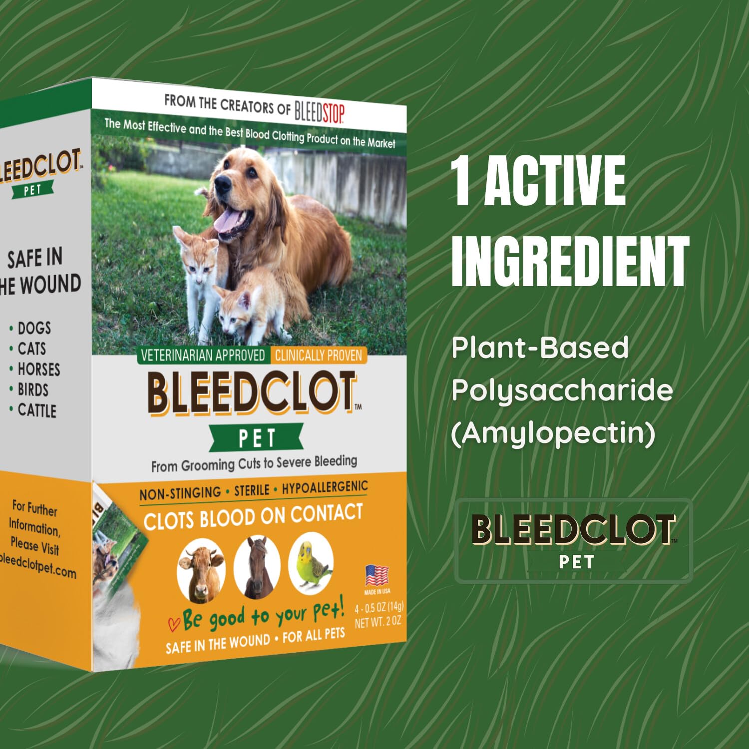 BleedClot Pet fast-acting solution for active animals during injury.