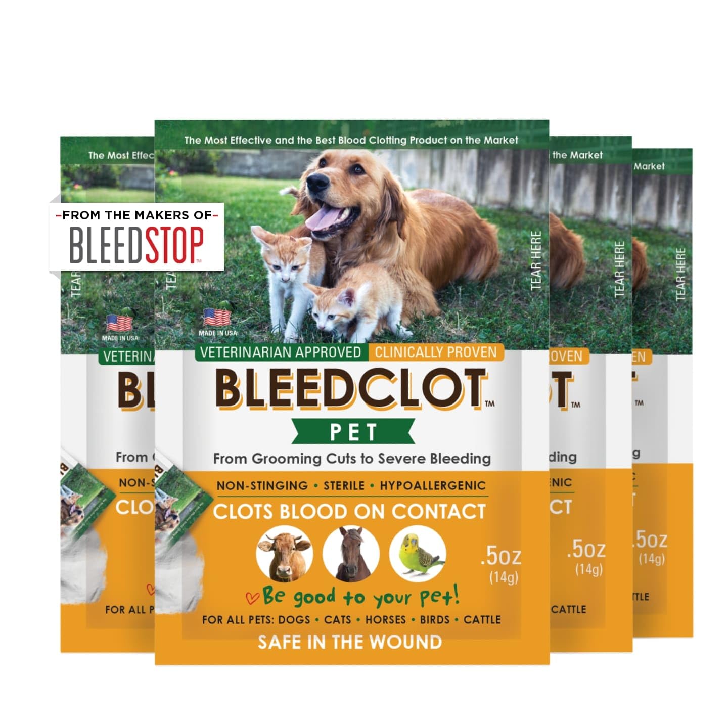 BleedClot Pet first aid powder pack for quick home wound care.