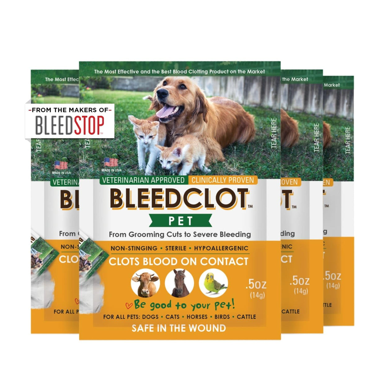 BleedClot Pet first aid powder pack for quick home wound care.