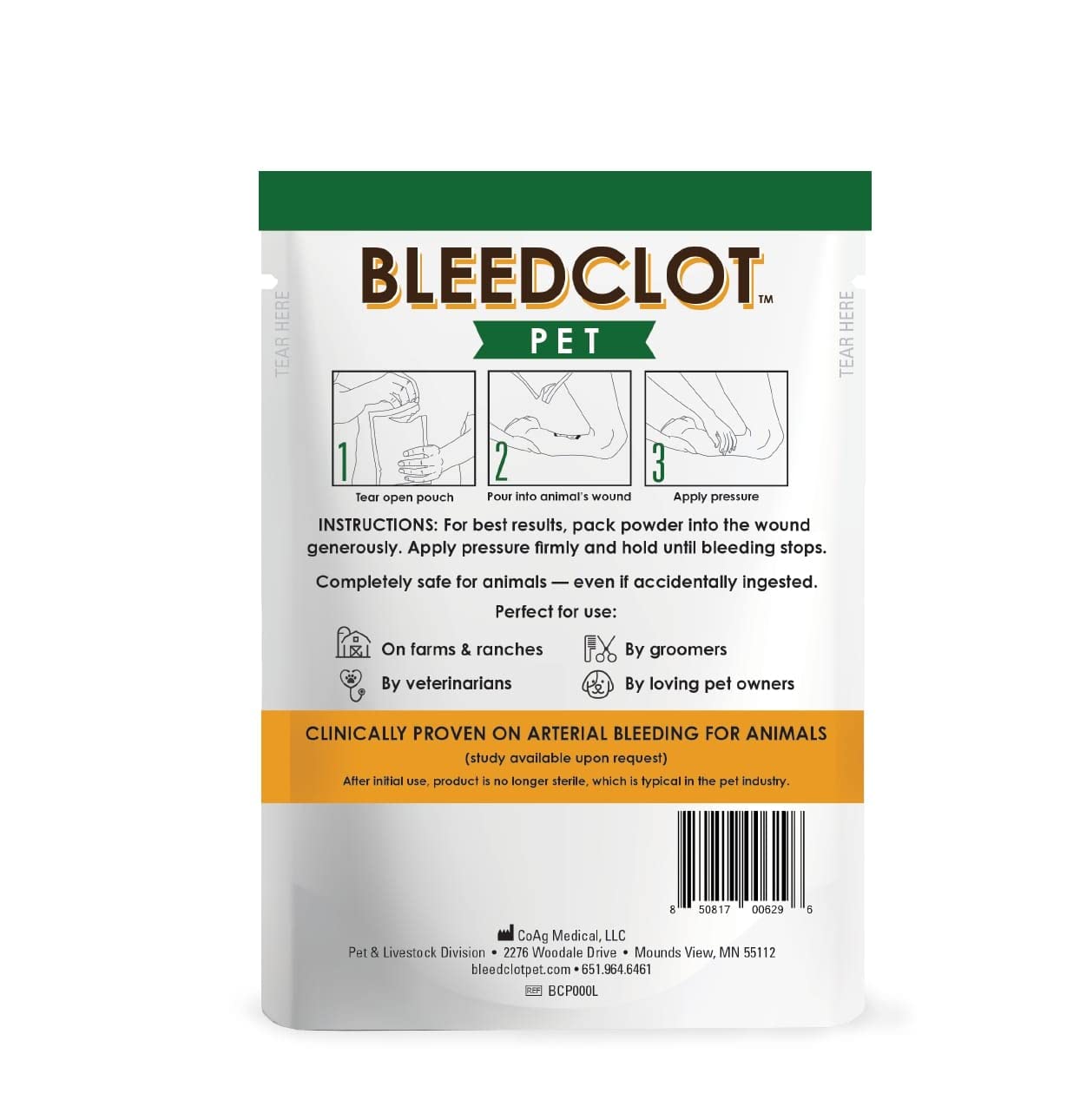 BleedClot Pet powder shown dispensing for rapid wound control.