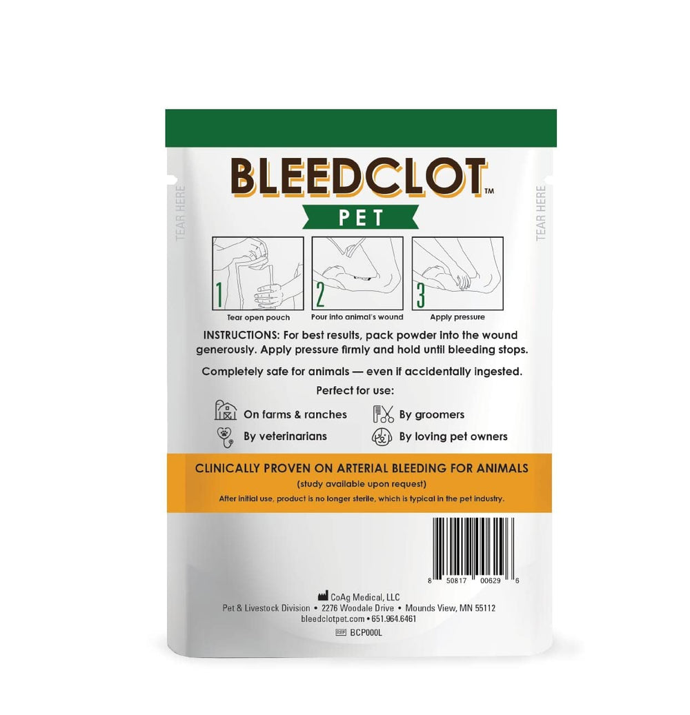 BleedClot Pet powder shown dispensing for rapid wound control.