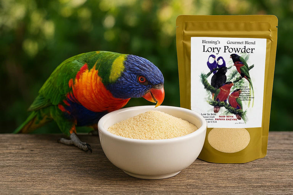 Packaging label highlights eco-conscious sourcing for Blessings Gourmet Lory Powder.