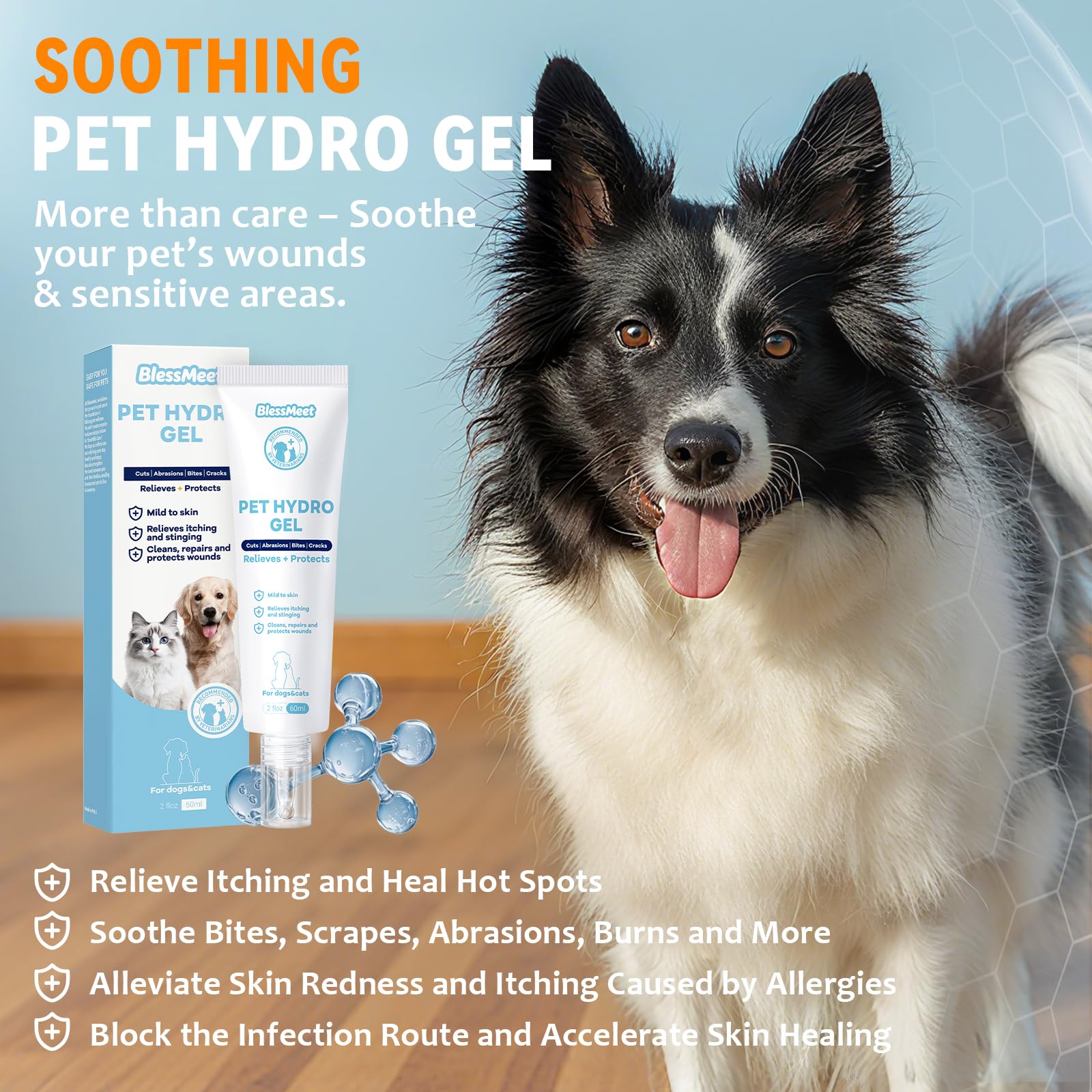 Blessmeet dog hot spot gel closeup shows soothing treatment for itchy skin.