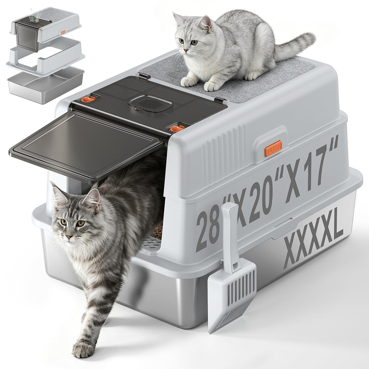 BlissBlaze XXXL stainless steel litter box with lid for private use and easy cleanup.