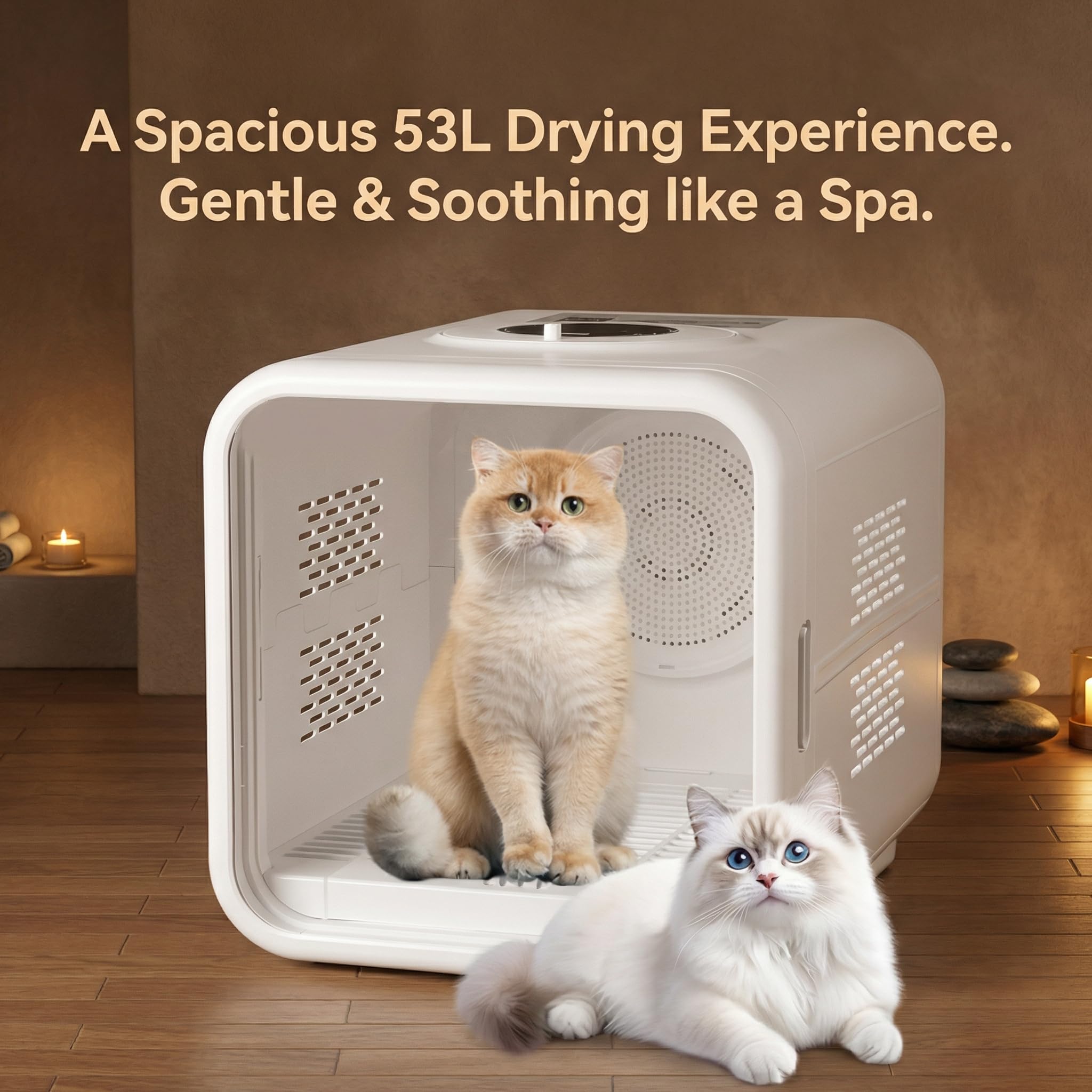 Blisspire Ultra-Quiet Pet Dryer Box adjustable temperature tailors warmth to coat.