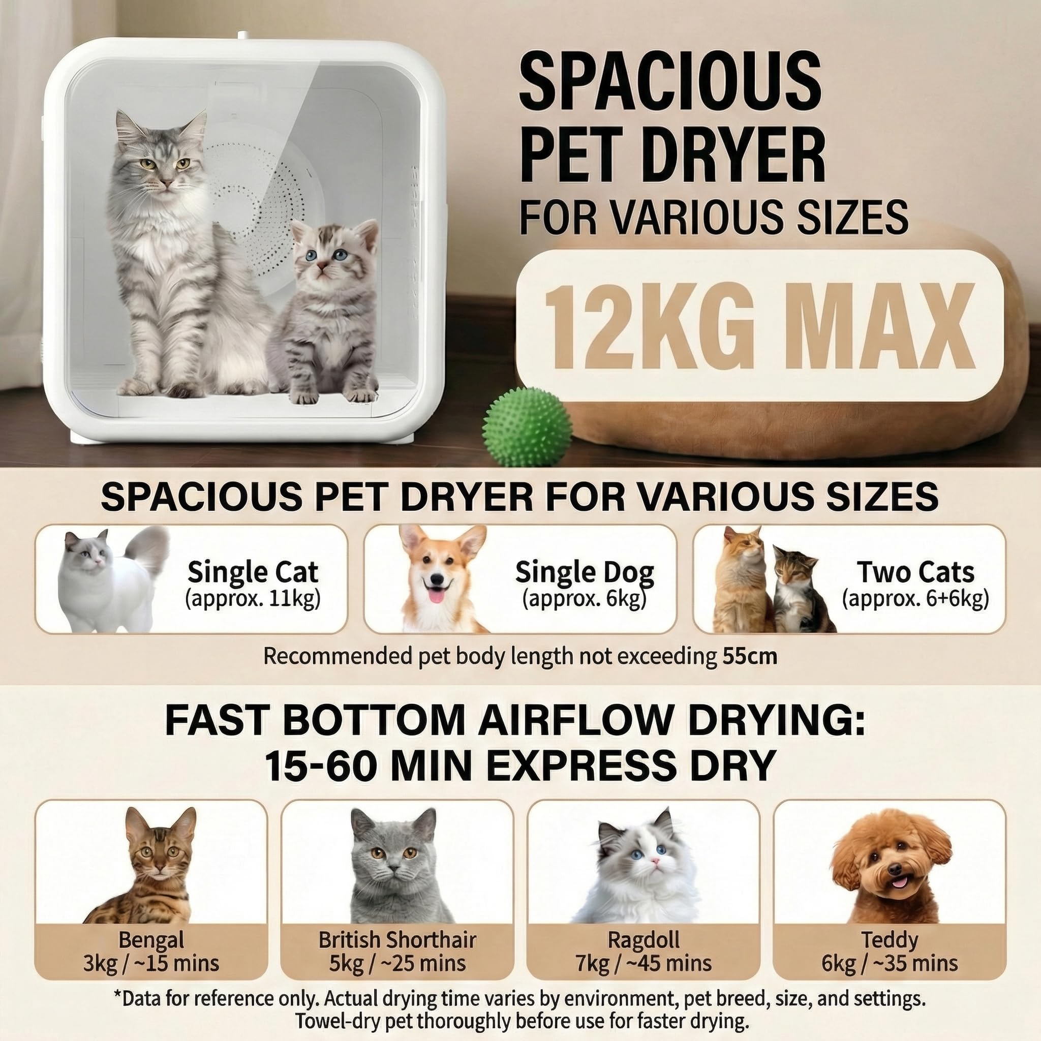 Blisspire Ultra-Quiet Pet Dryer Box locking mechanism keeps pets secure during drying.