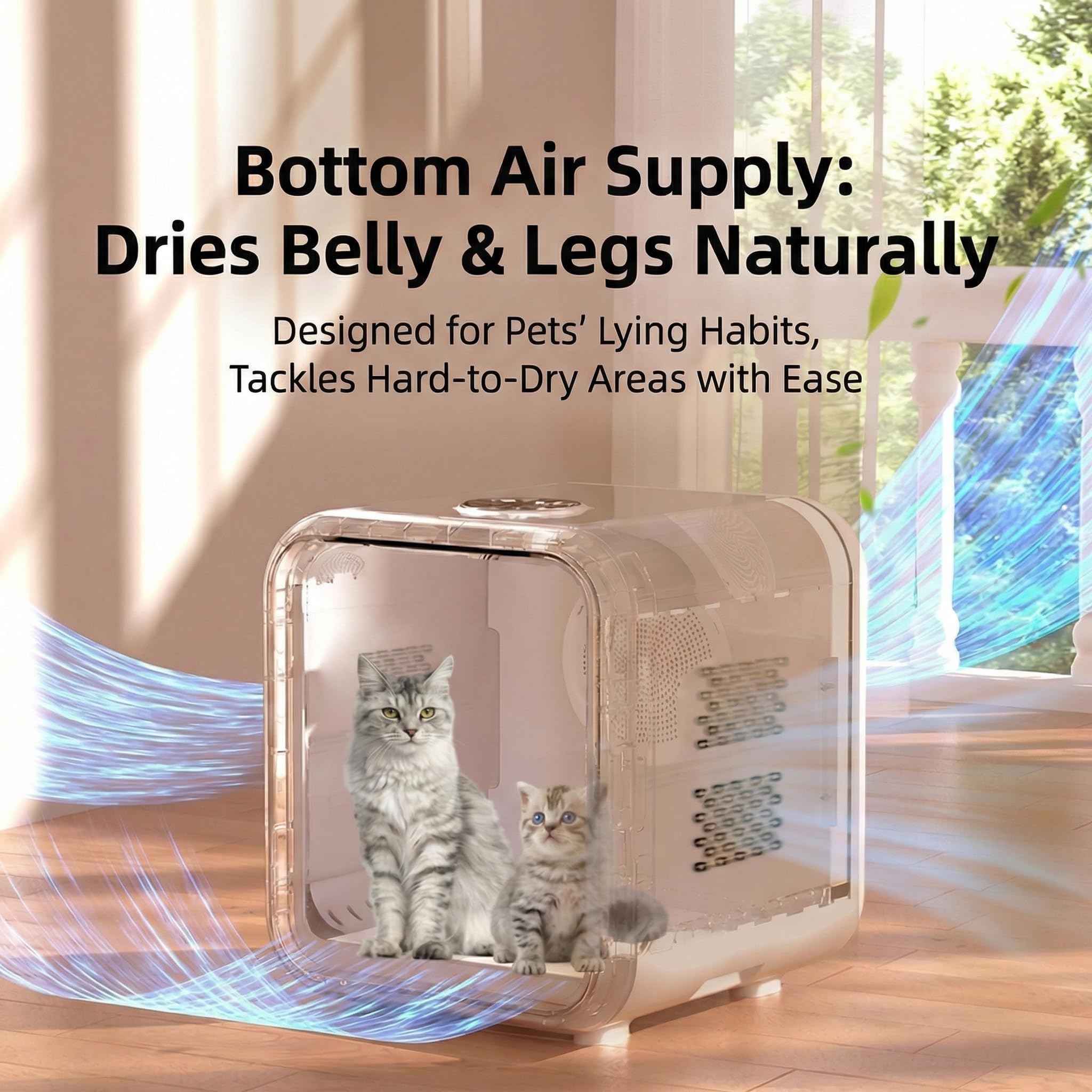 Blisspire Ultra-Quiet Pet Dryer Box shows pet inside, promoting relaxed drying.