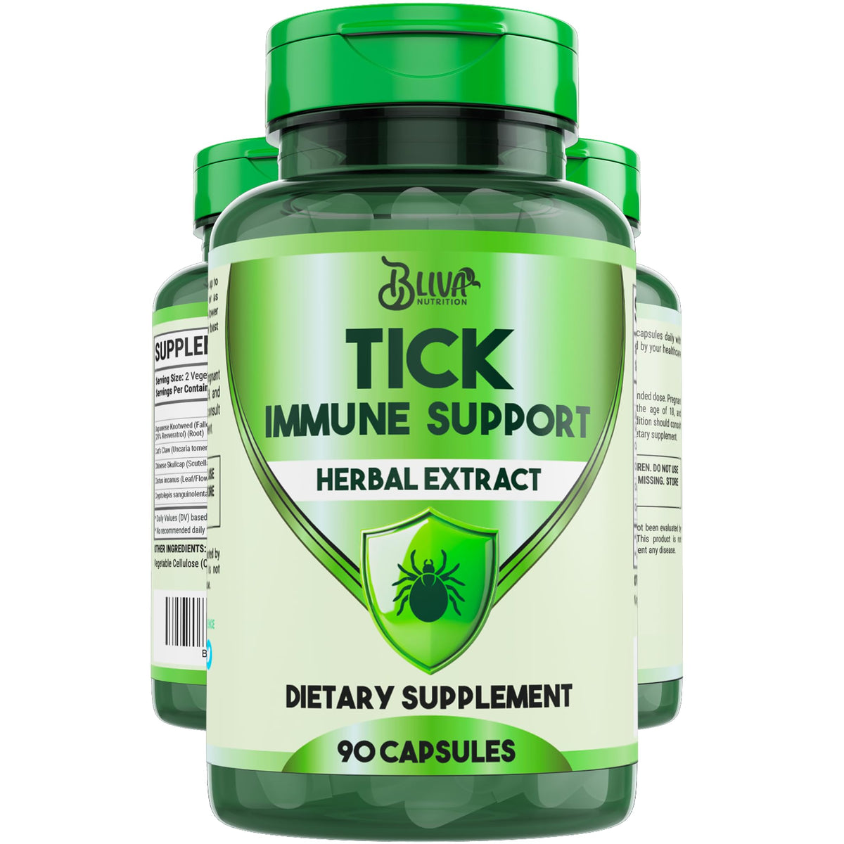 BLIVA Tick Immune Support bottle front showing packaging for tick-prone environments.