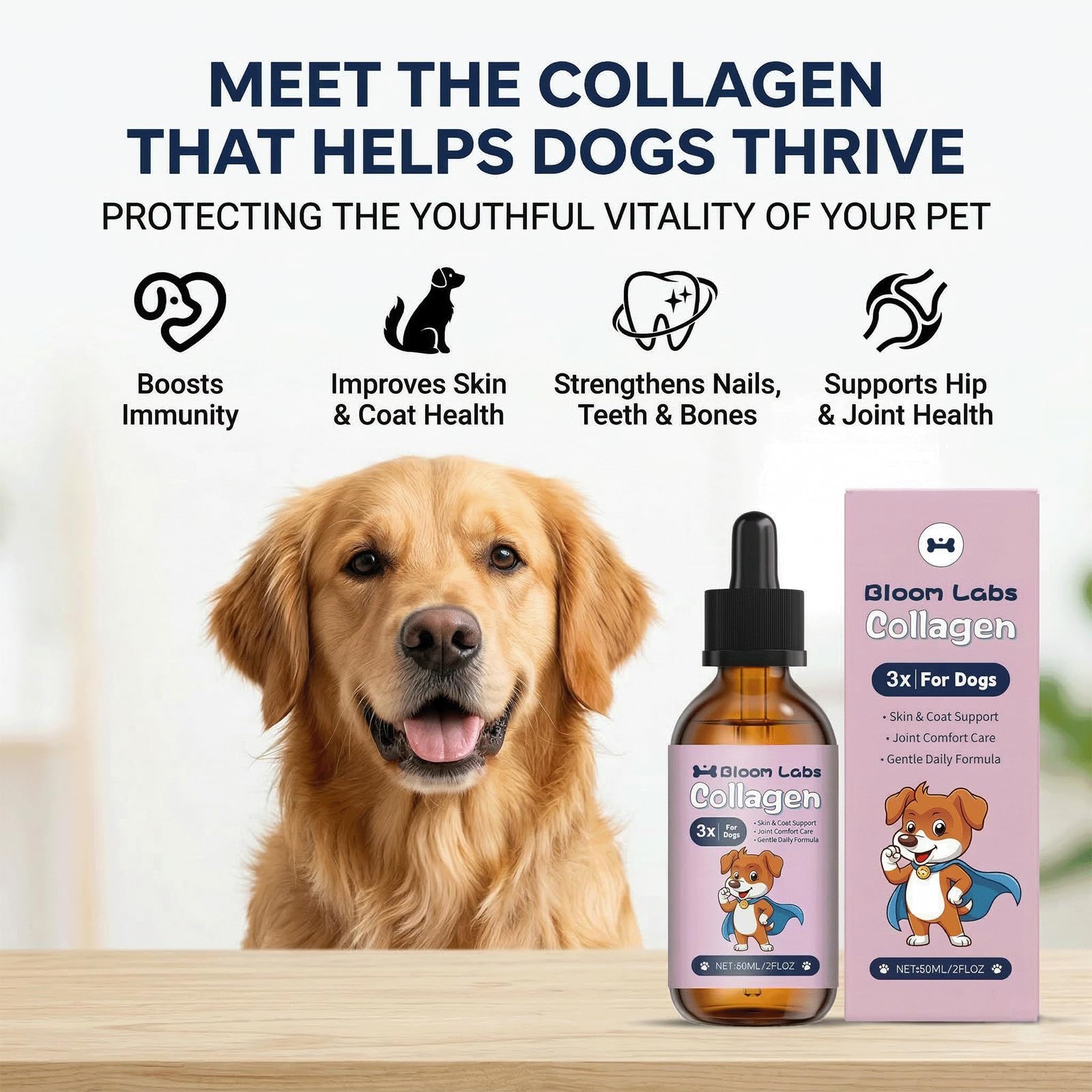 Bloom Labs triple collagen for dogs bottle pour highlights easy administration and pleasant flavor.