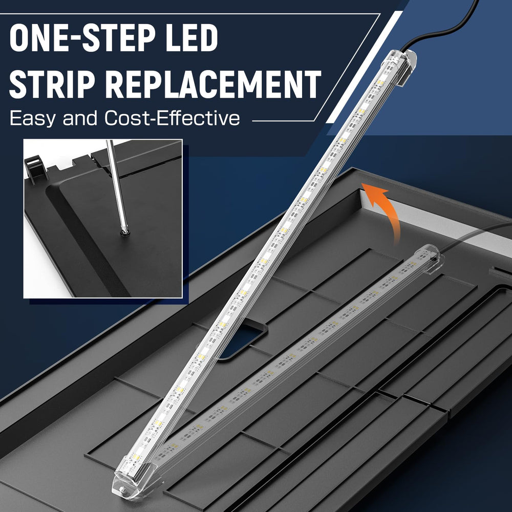 Replaceable full-length LED tubes allow white or color lighting upgrades.