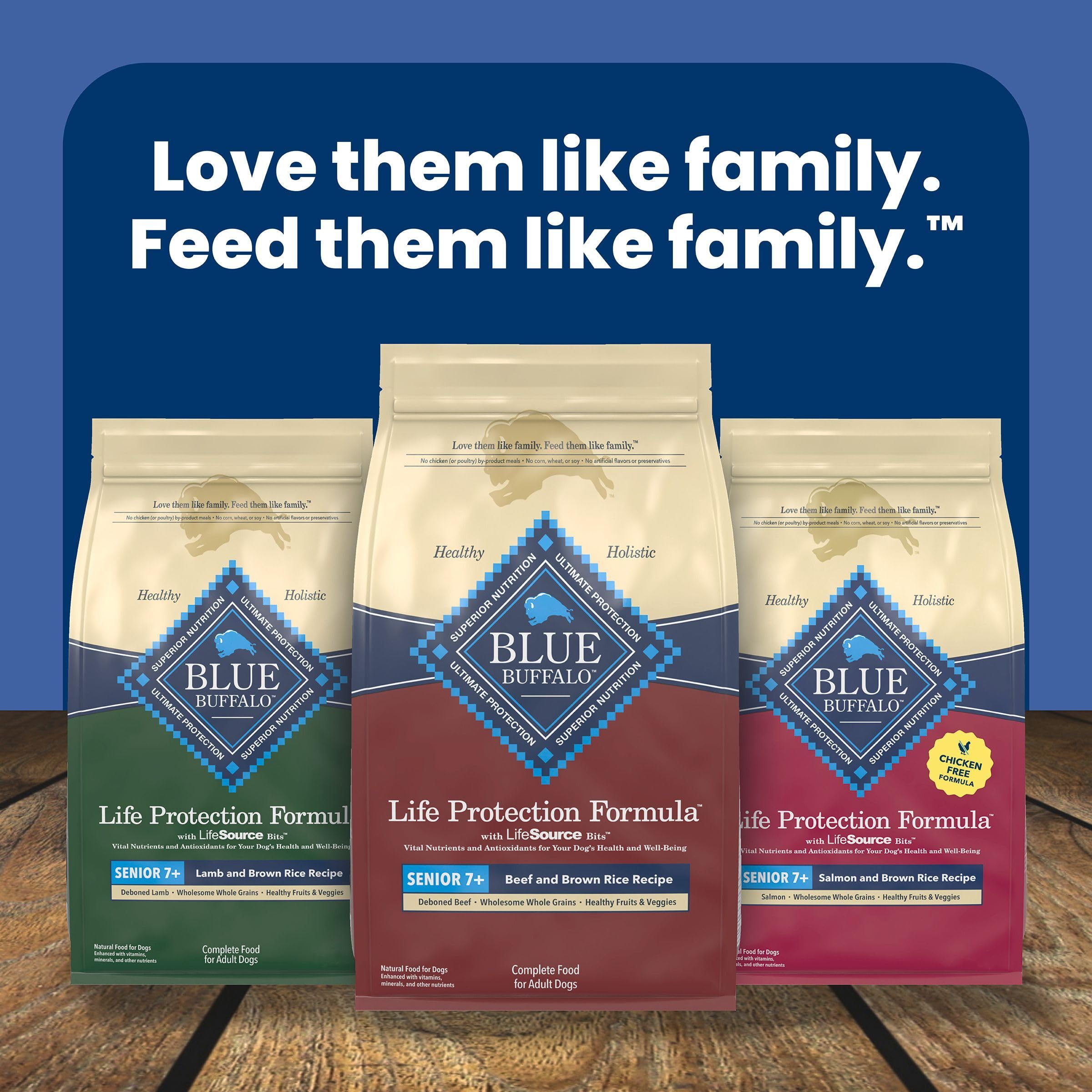 Blue Buffalo 30-lb bag packaging demonstrates long-lasting senior dog food supply.