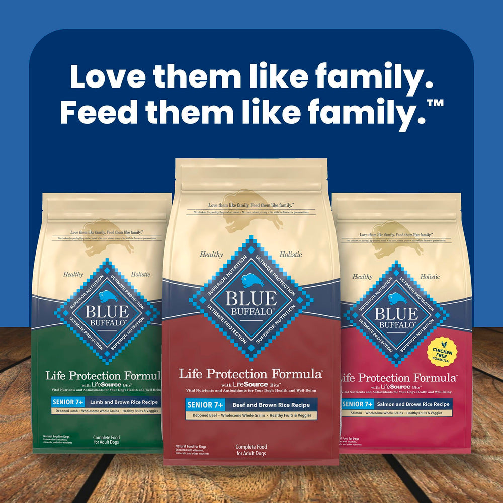 Blue Buffalo 30-lb bag packaging demonstrates long-lasting senior dog food supply.
