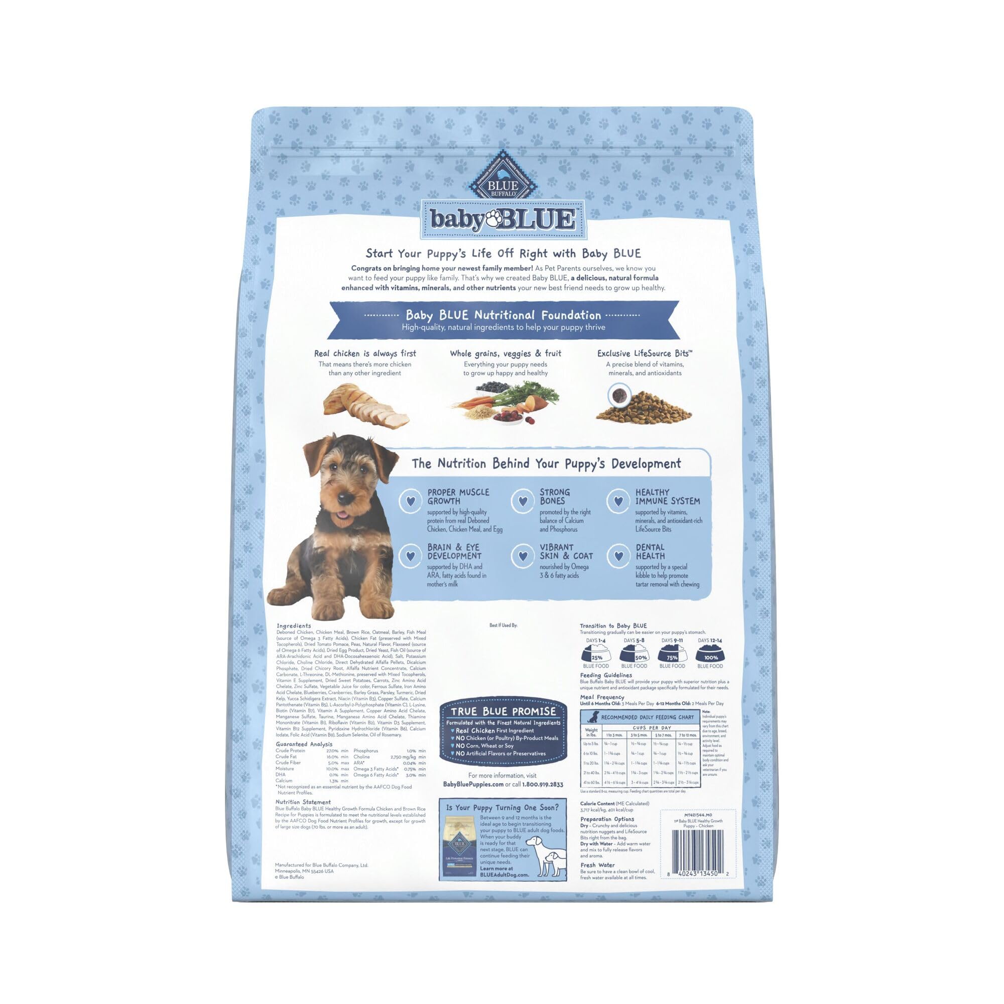 Blue Buffalo Baby BLUE formula delivers DHA and ARA for cognitive and retinal support.