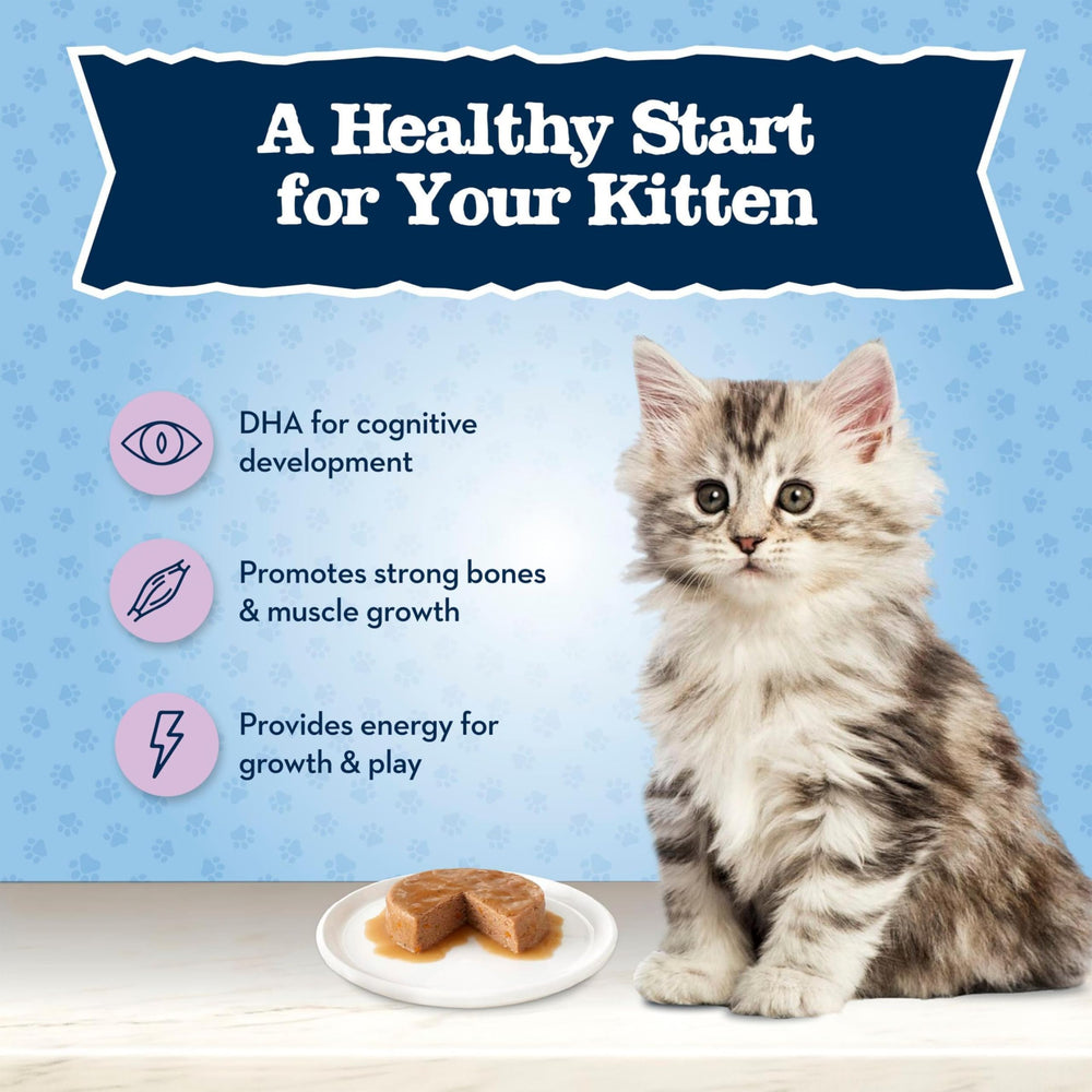 Blue Buffalo Baby Blue serving image shows a kitten enjoying tasty pate texture